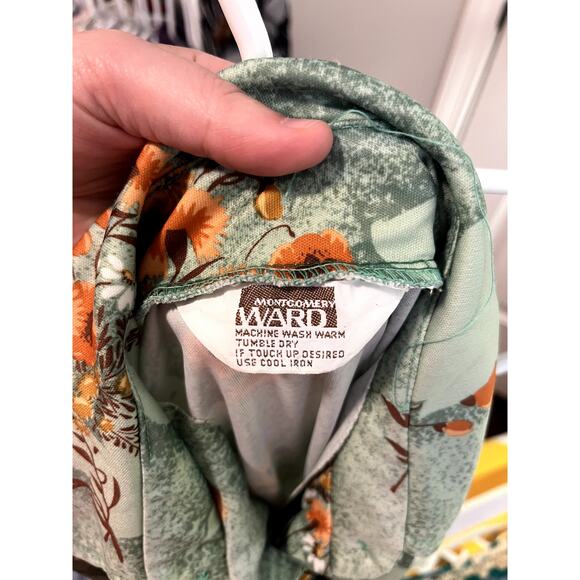 1970s Montgomery Ward Orange Mint Green Fall Floral Dagger Collar Disco Dress M - Picture 2 of 10